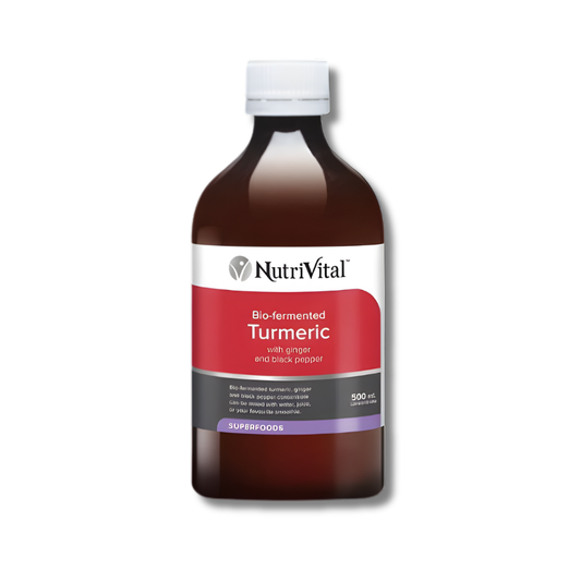 NutriVital Bio-fermented Turmeric liquid 500ml supports general wellbeing as a fermented turmeric supplement with ginger and black pepper.