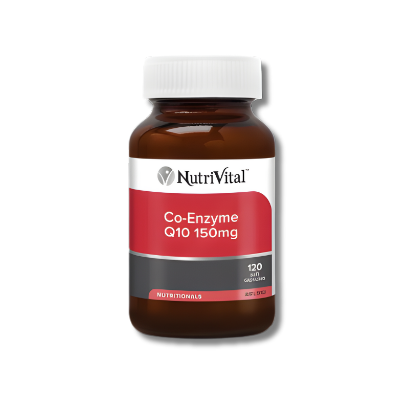 Nutrivital Co-Enzyme Q10 150mg – supports heart health, cellular energy, and antioxidant protection for vitality and wellbeing.