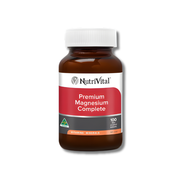 NutriVital Premium Magnesium Complete 100 tablets supports muscle and nervous system function as a magnesium supplement.