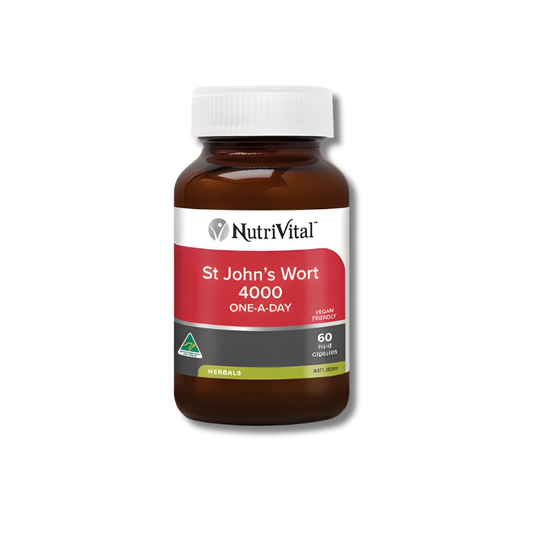 NutriVital St John’s Wort 4000 One-A-Day capsules support mood balance as a daily herbal supplement.