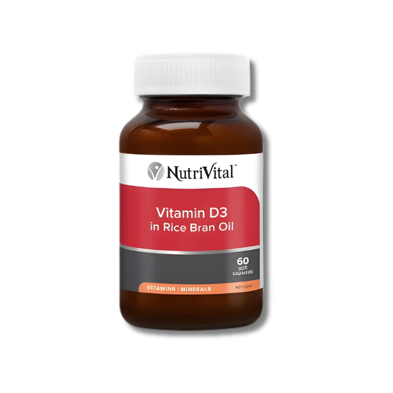 NutriVital Vitamin D3 in Rice Bran Oil 60 capsules supports bone health and immune system function as a vitamin D supplement.