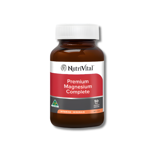 NutriVital Premium Magnesium Complete 50 tablets supports muscle and nervous system function as a magnesium supplement.