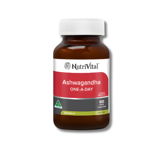 NutriVital Ashwagandha One-A-Day 60 capsules supports a healthy stress response as a daily herbal supplement.