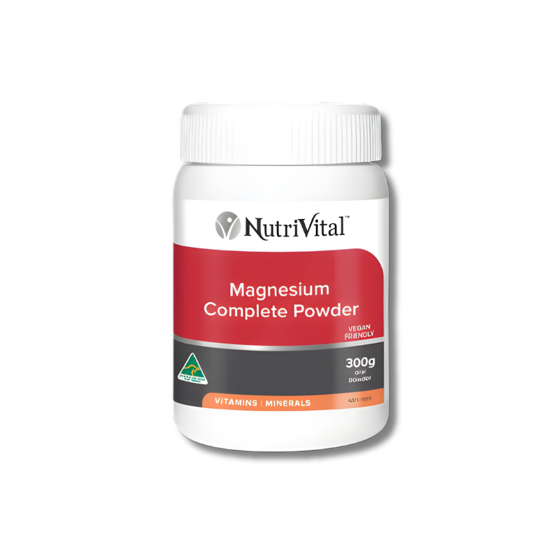 NutriVital Magnesium Complete Powder 300g supports muscle and nervous system function as a daily magnesium supplement.