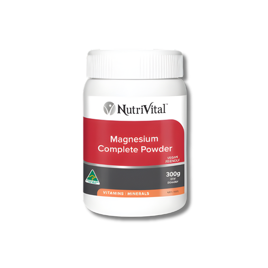 NutriVital Magnesium Complete Powder 300g supports muscle and nervous system function as a daily magnesium supplement.
