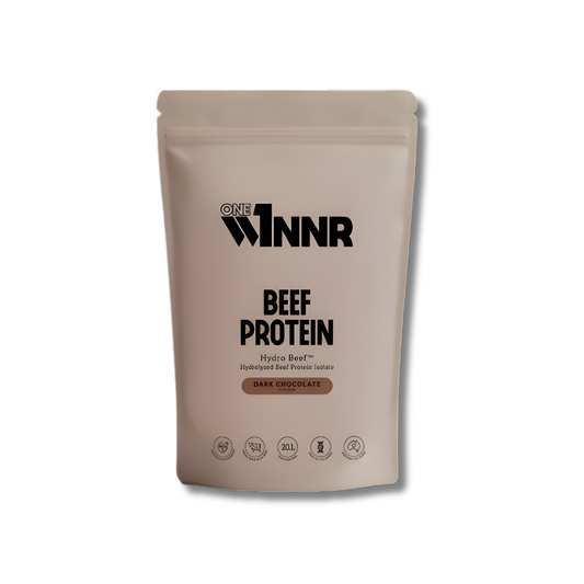 Beige protein powder package with 'ONE WNNR' branding on a white background