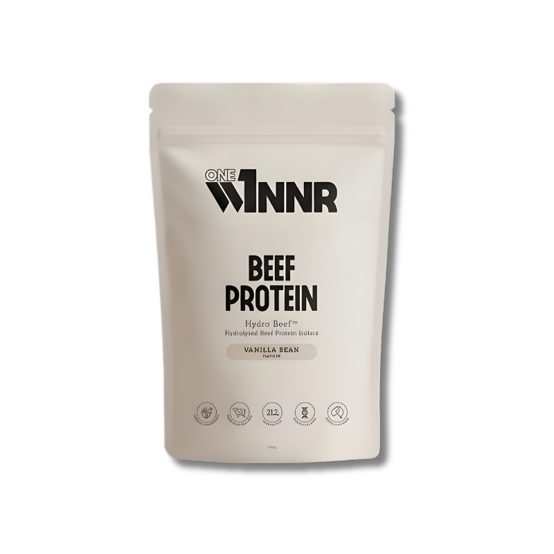 Beige protein powder package with 'WNNR' branding on a white background