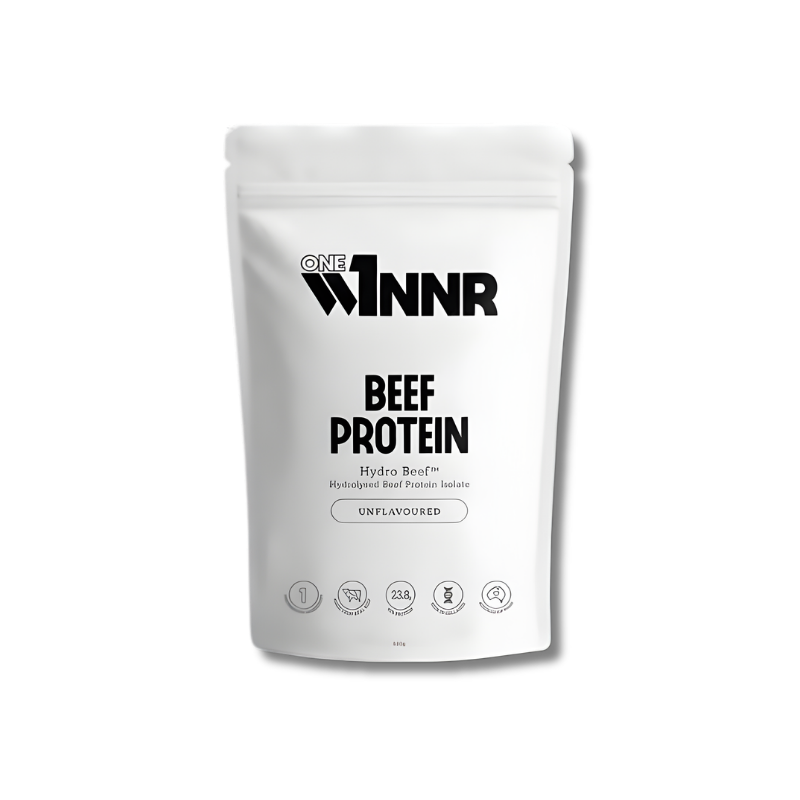 White protein powder package with 'WNNR' branding on a white background