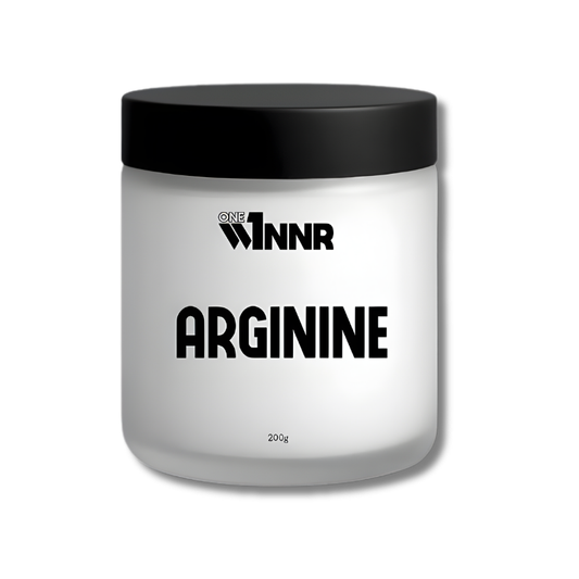 White container with black lid labeled 'WINNNR Arginine' on a white background