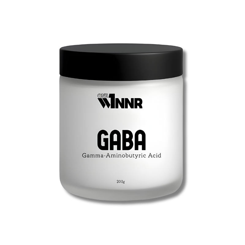 White container with black lid labeled 'GABA' by WINNR on a white background