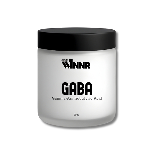 White container with black lid labeled 'GABA' by WINNR on a white background