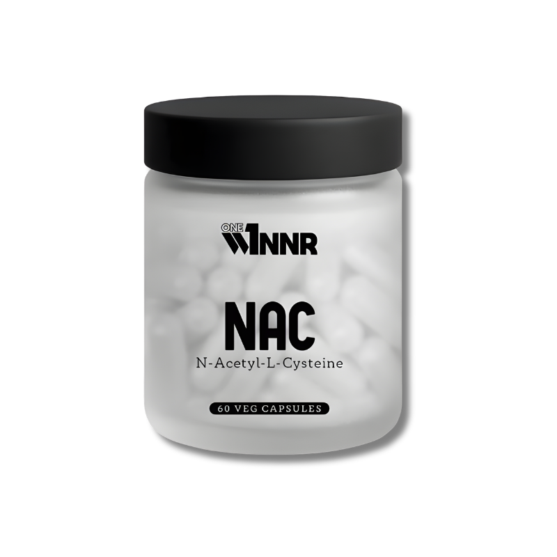 Jar of NAC capsules with WINNR branding on a white background