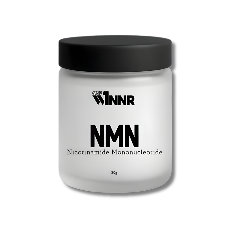 Jar of NMN (Nicotinamide Mononucleotide) with a black lid on a white background