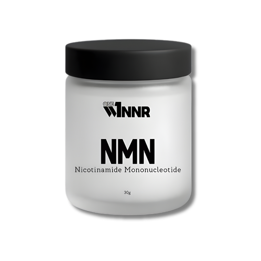 Jar of NMN (Nicotinamide Mononucleotide) with a black lid on a white background