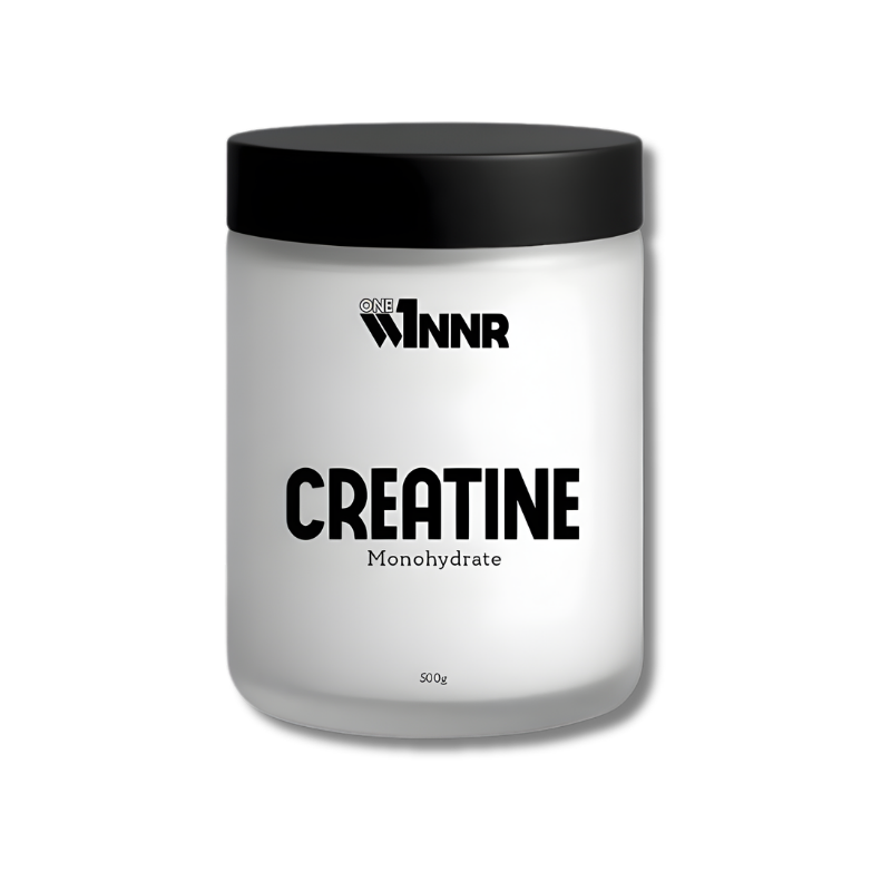 White container with black lid labeled 'WNNR Creatine Monohydrate' on a white background