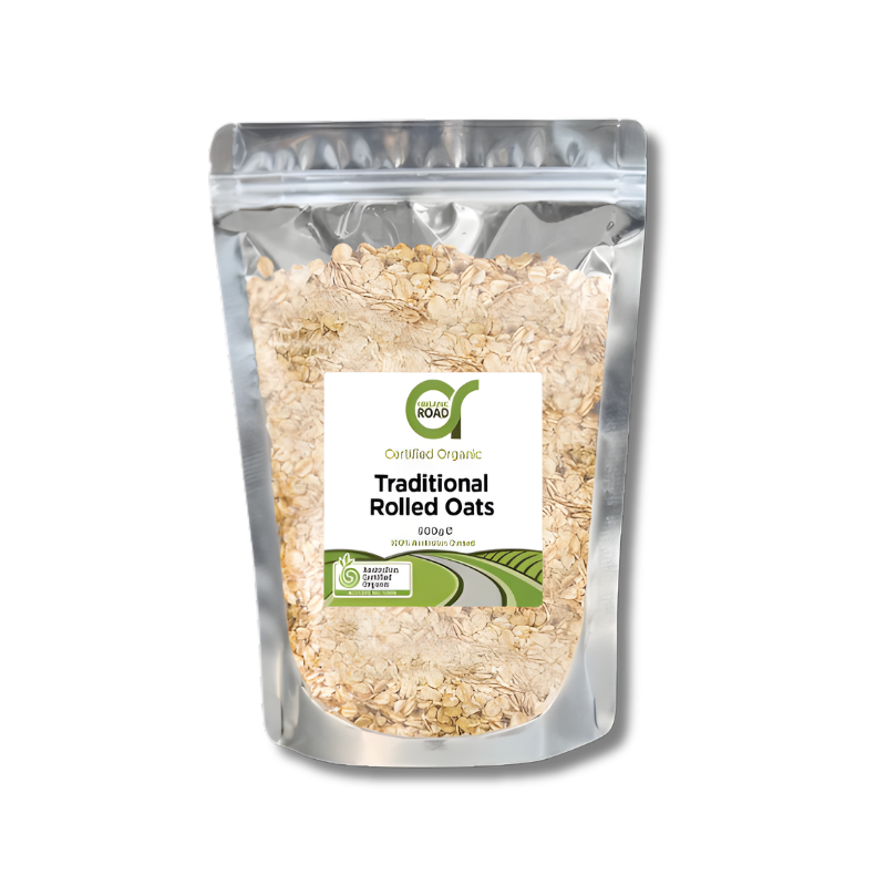 Bag of traditional rolled oats with a visible label on a white background