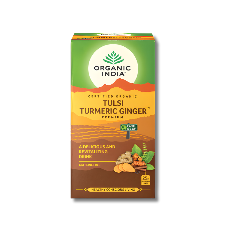 Herbal tea blend made with Tulsi, Turmeric, Ginger, and warming spices in an Ayurvedic wellness mix