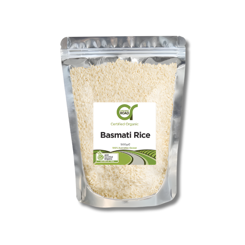Packaged Basmati Rice with a visible label on a white background