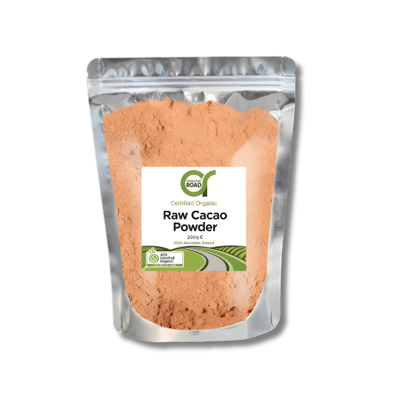 Package of raw cacao powder with a visible label on a white background