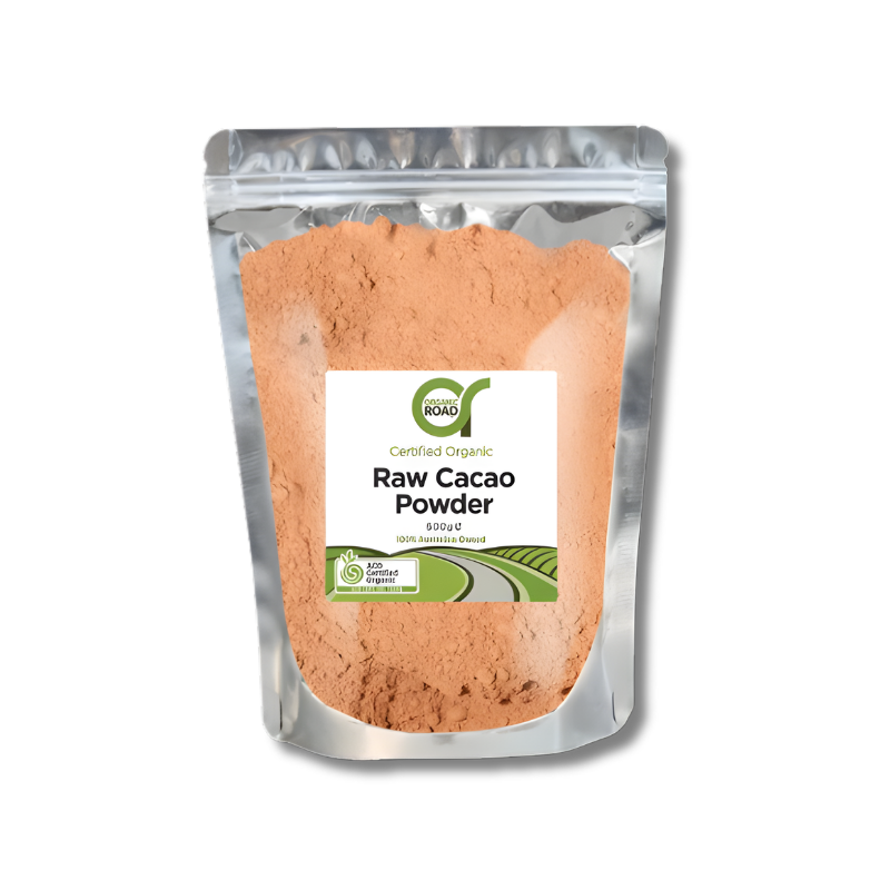 Package of raw cacao powder with a visible brand label on a white background