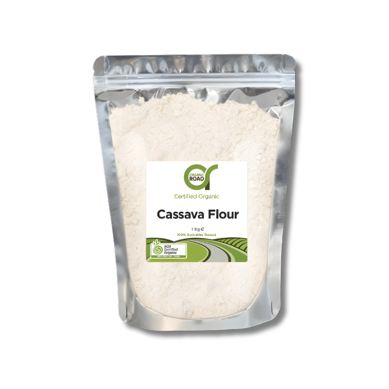 Packaging of Cassava Flour with a visible brand label on a white background