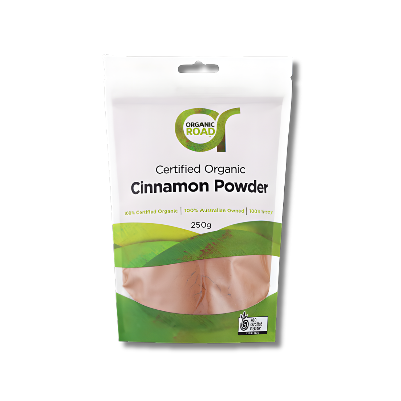 Package of Organic Road cinnamon powder on a white background