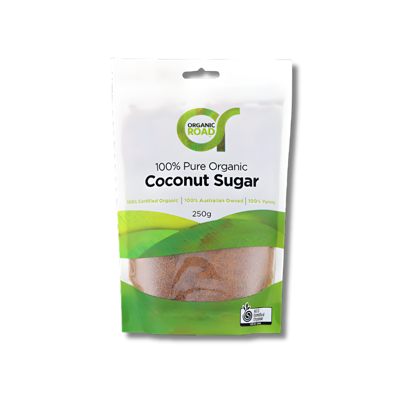 Package of Organic Road 100% Pure Organic Coconut Sugar on a white background