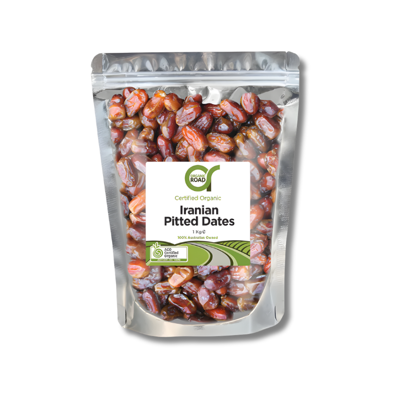 Packaged Iranian pitted dates with a visible brand label on a white background