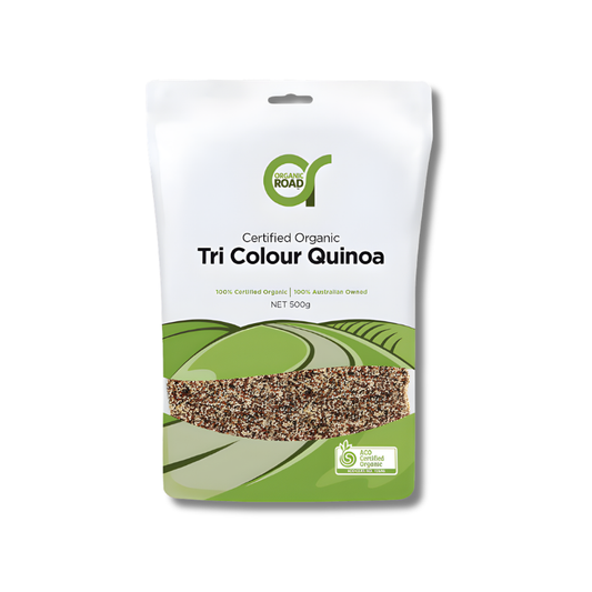 Package of Certified Organic Tri Colour Quinoa with a white background