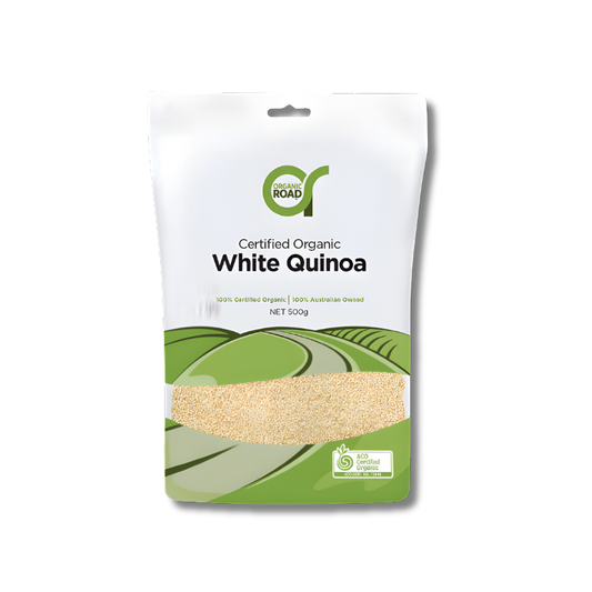 Package of certified organic white quinoa on a white background