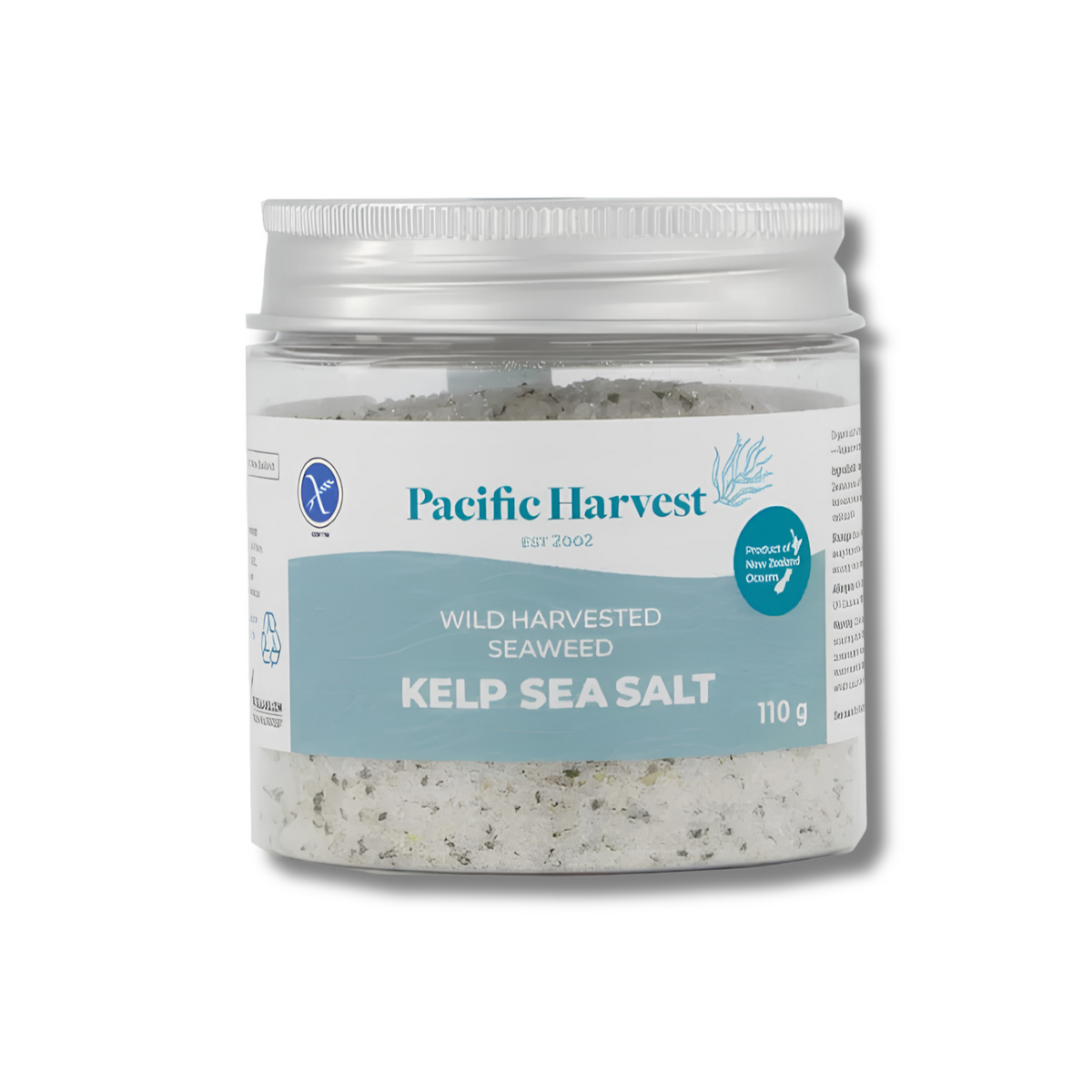 A jar of Pacific Harvest Wild Harvested Seaweed Kelp Sea Salt, 110g, in a clear plastic jar with a white and light blue label and a silver lid, shown on a white background.