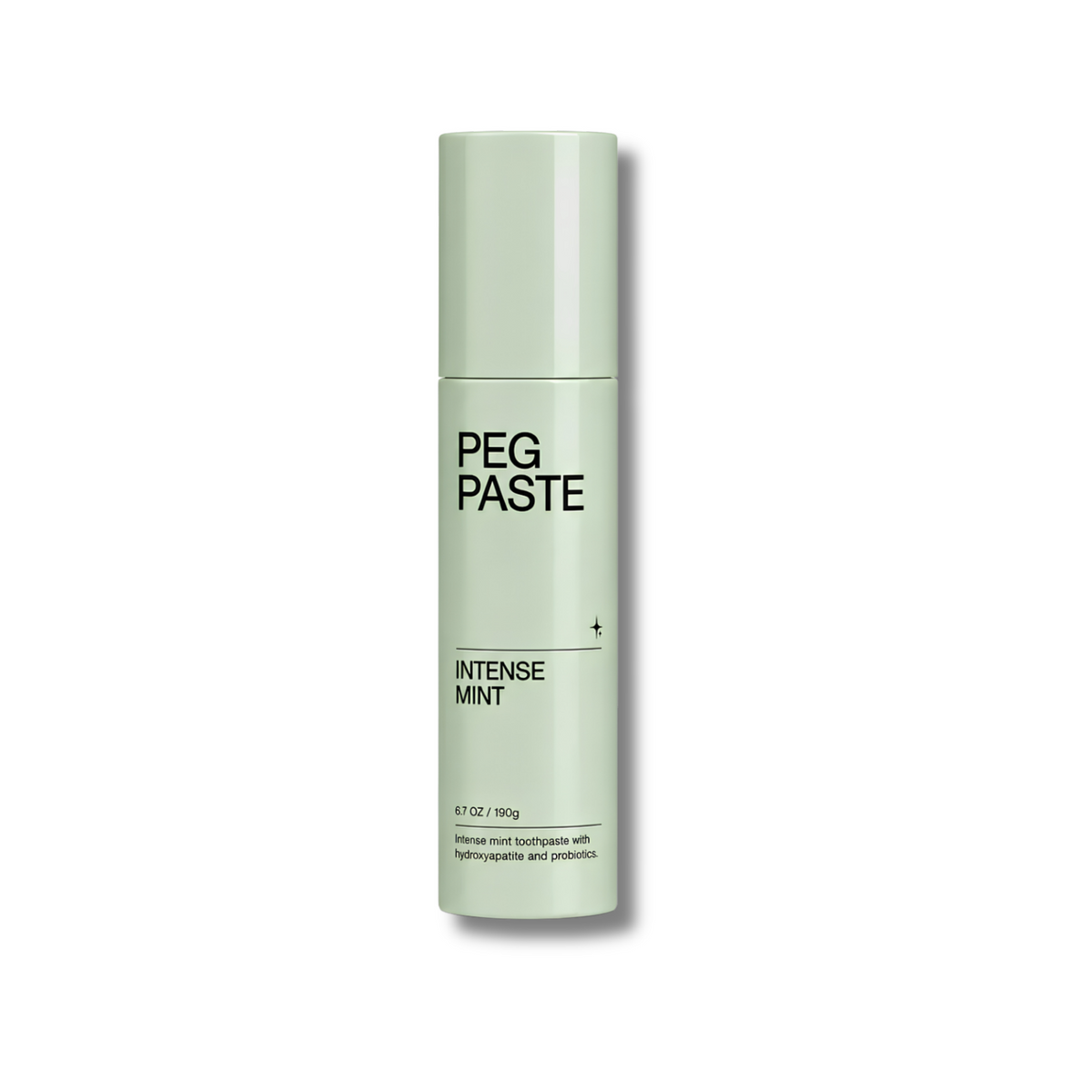 A mint green cylindrical bottle of PEG PASTE Intense Mint toothpaste, shown on a clean white background with a soft drop shadow.