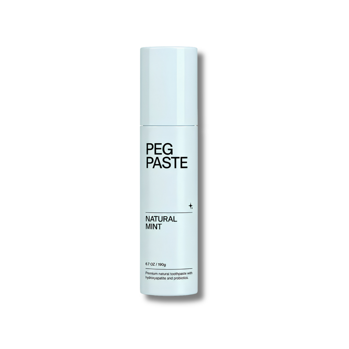 A light blue cylindrical toothpaste tube labeled 'PEG PASTE' and 'NATURAL MINT' on a clean white background.
