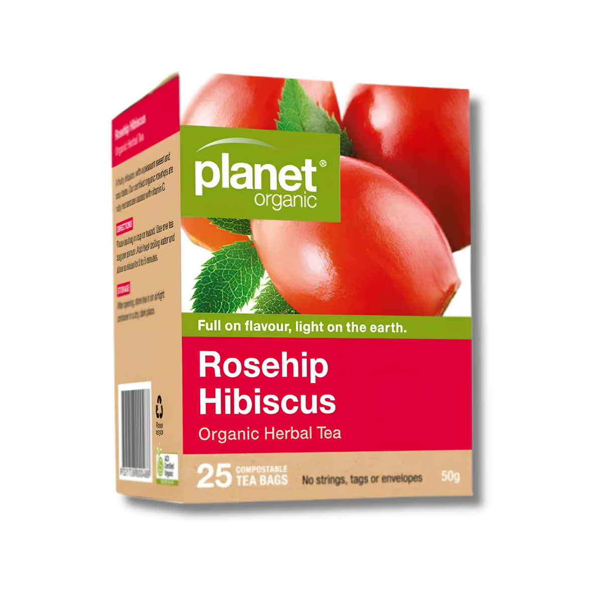 A box of Planet Organic Rosehip Hibiscus Herbal Tea, featuring a red and beige packaging design with images of fresh red rosehips and green leaves.
