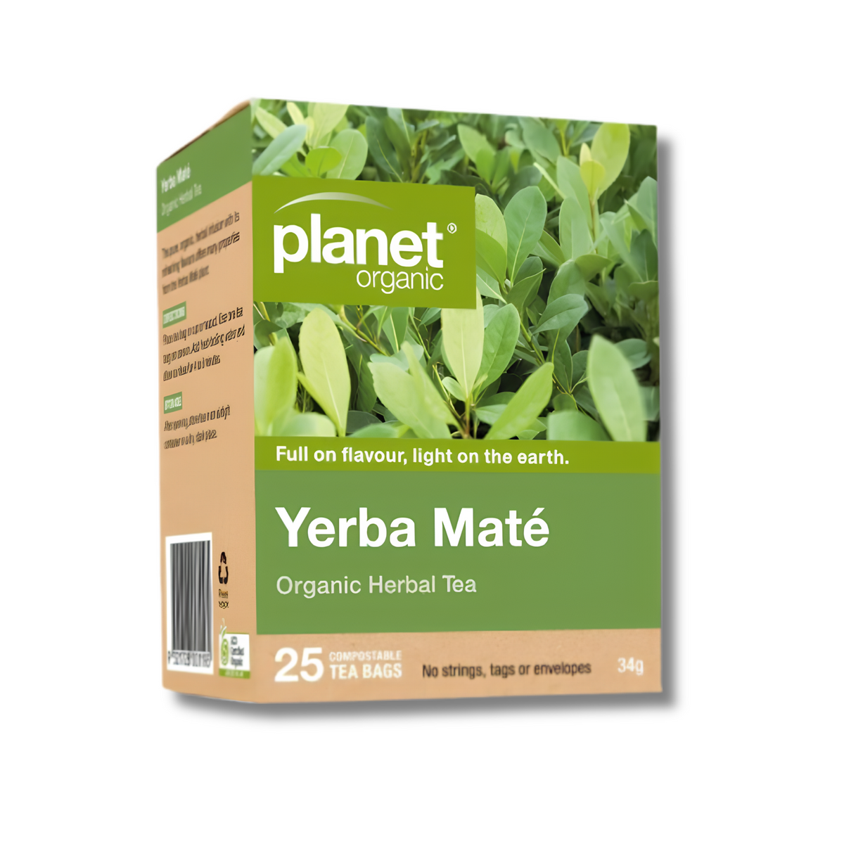 Planet Organic Yerba Maté Organic Herbal Tea box, 34g, featuring a green and beige packaging design with a leafy tea plant background.
