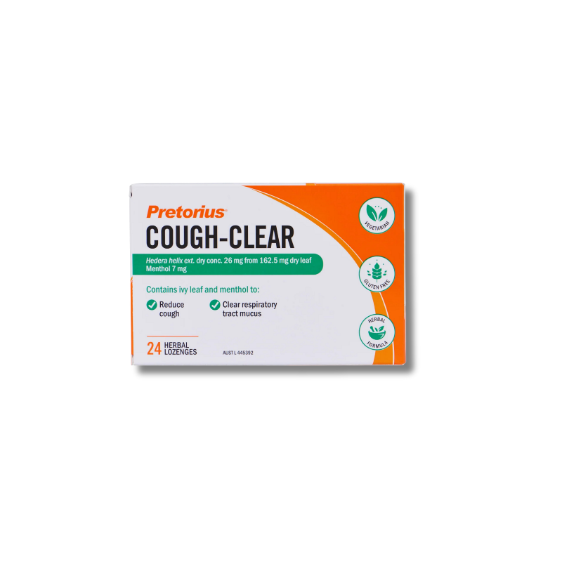 Pretorius Cough-Clear packaging on a white background
