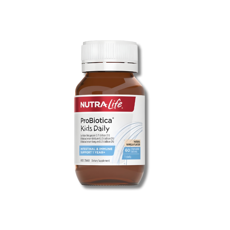 Nutra Life ProBiotica Kids Daily assists intestinal balance and helps maintain immune system support.