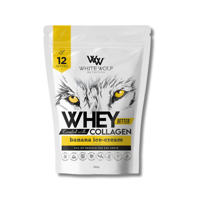 White Wolf Nutrition whey protein package with a wolf design on a white background