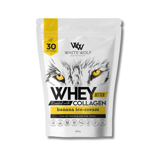 White Wolf Nutrition whey protein package with a wolf design on a white background