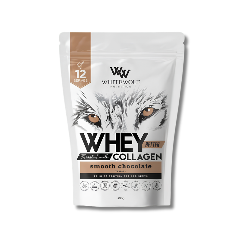 Whitewolf Nutrition whey protein package with a wolf design on a white background