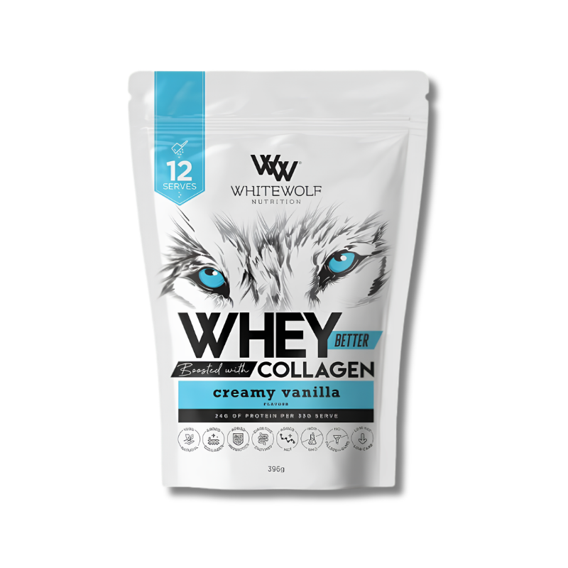 Whitewolf Nutrition whey protein powder package with a cat's face on the label.