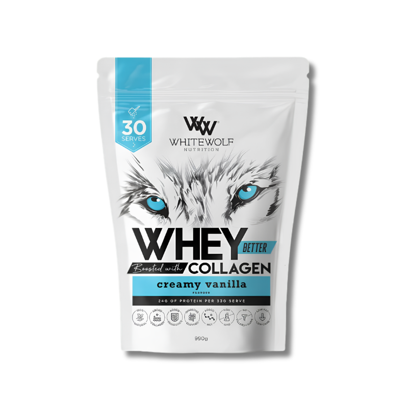 Whitewolf Nutrition whey protein powder package with a wolf graphic on a white background