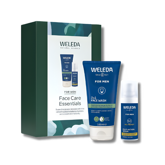 Two men’s skincare products displayed side by side, a sleek dark tube of Men 2-in-1 Face Wash and a compact bottle of Men 5-in-1 Multi-Action Serum. Clean, modern packaging designed for simplicity and performance, suitable for all skin types.