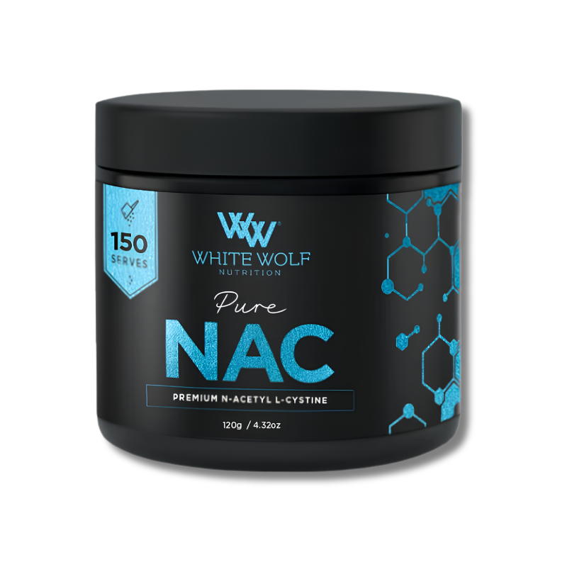 Black container of White Wolf Nutrition Pure NAC supplement on a white background