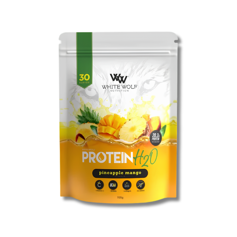White Wolf Nutrition Protein H2O pineapple mango flavor packaging on a white background