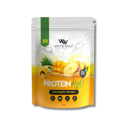 White Wolf Nutrition Protein H2O pineapple mango flavor packaging on a white background