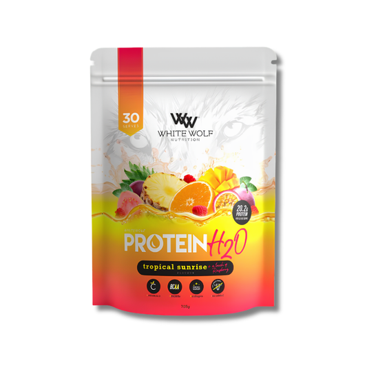 Protein powder package with tropical sunrise flavor on a white background