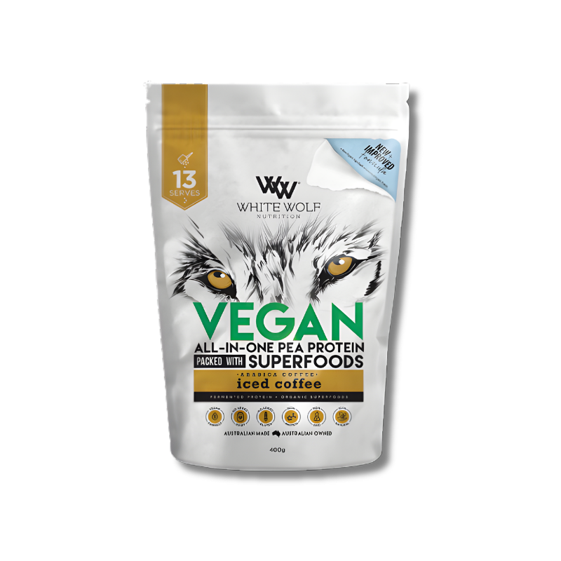 White Wolf Vegan All In One Pea Protein Iced Coffee supports daily protein intake and helps maintain energy and muscle health