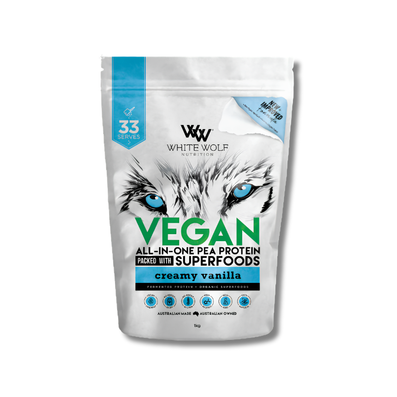 White Wolf Nutrition vegan protein powder package with a cat's face on the label.