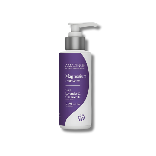 Amazing Oils Magnesium Sleep Lotion with lavender and chamomile supports healthy sleep as a topical bedtime lotion.
